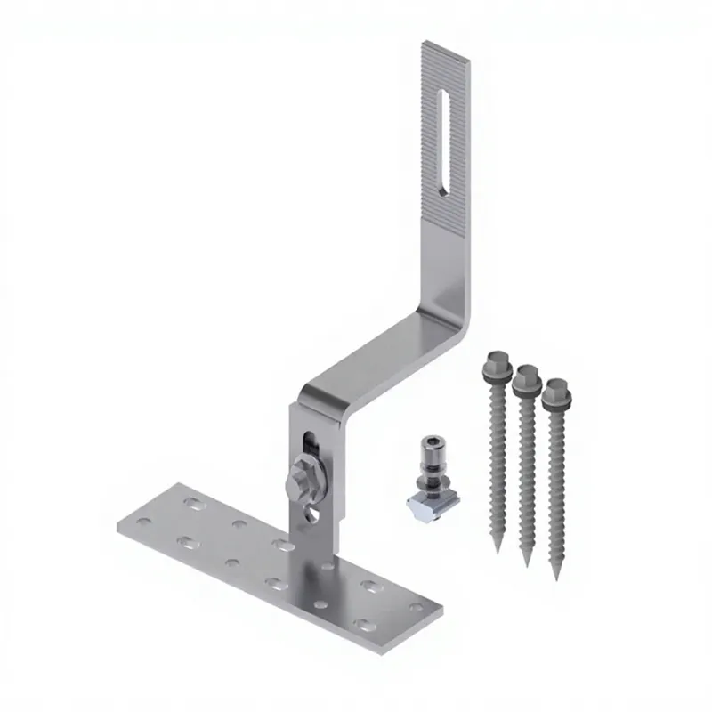 Adjustable tile roof solar hook connected to an aluminum rail and module clamp