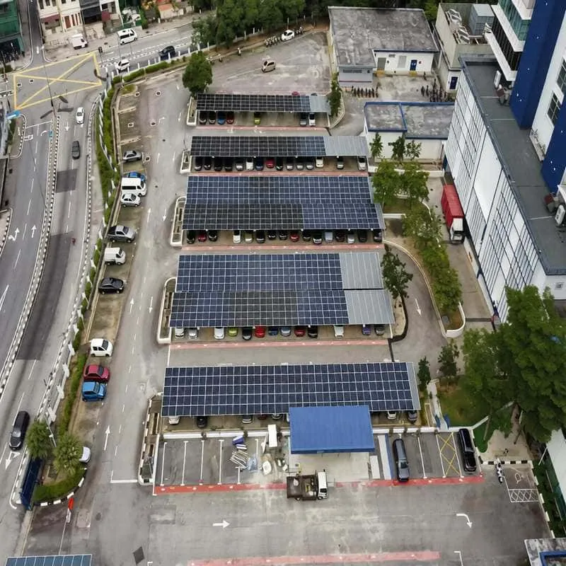 Large commercial parking lot solar canopy for an office park, shopping center, or industrial site