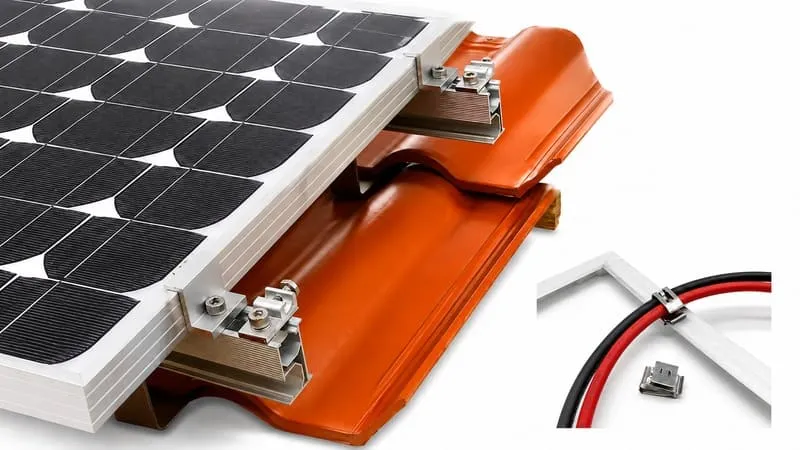 Compatible solar mounting accessories including rails, clamps, roof hooks, bolts, grounding clips and cable clips