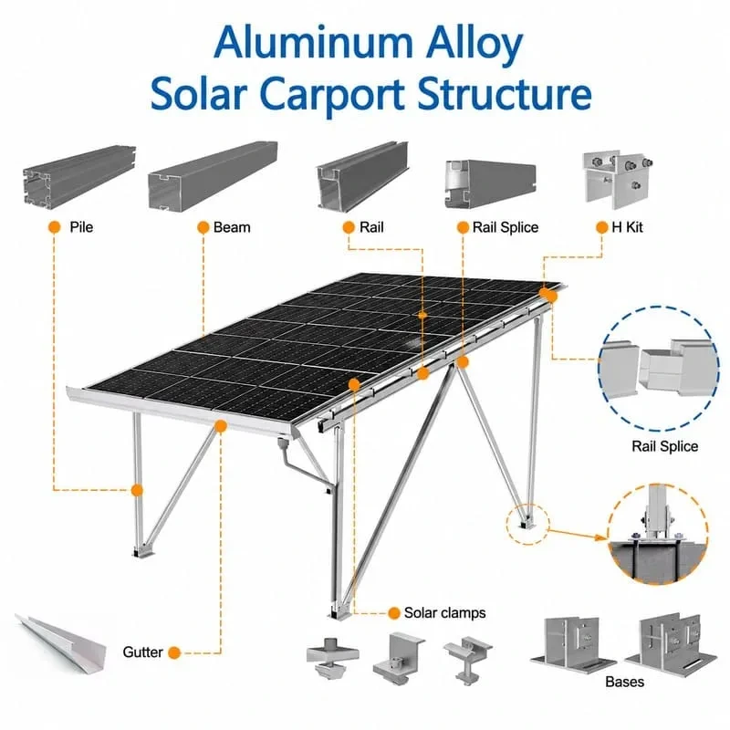 Residential solar carport components including posts, beams, rails, clamps, base plates and waterproof parts