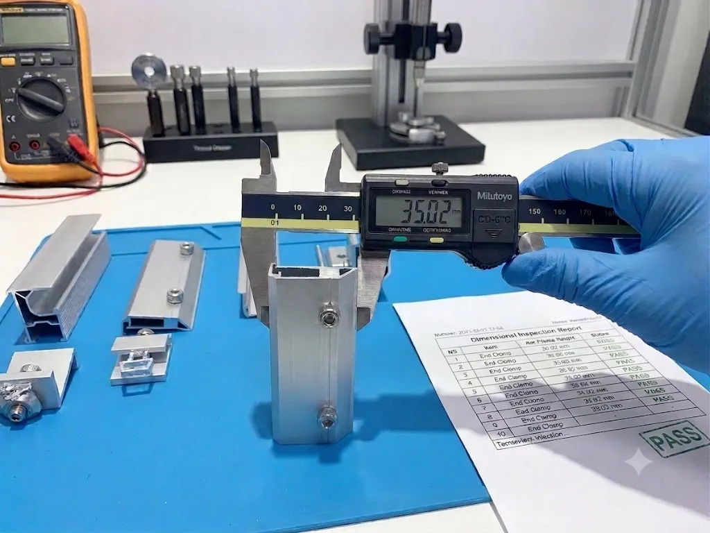 Dimensional inspection of a solar mounting rail using a caliper to verify hole position, rail length and profile thickness