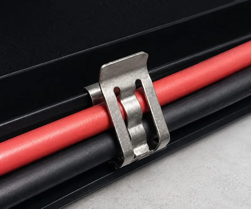 Double-wire solar panel cable clip holding two PV cables below a module frame