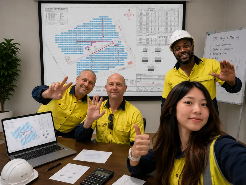 EPC engineers reviewing solar project drawings, site conditions and photovoltaic mounting layouts