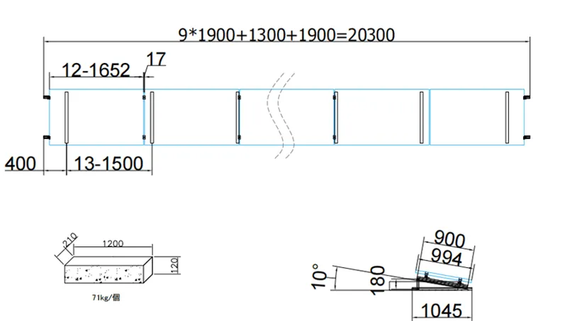 Complete engineering drawing showing flat roof solar racking dimensions, wind-load zones, ballast layout, tilt angle and roof protection details