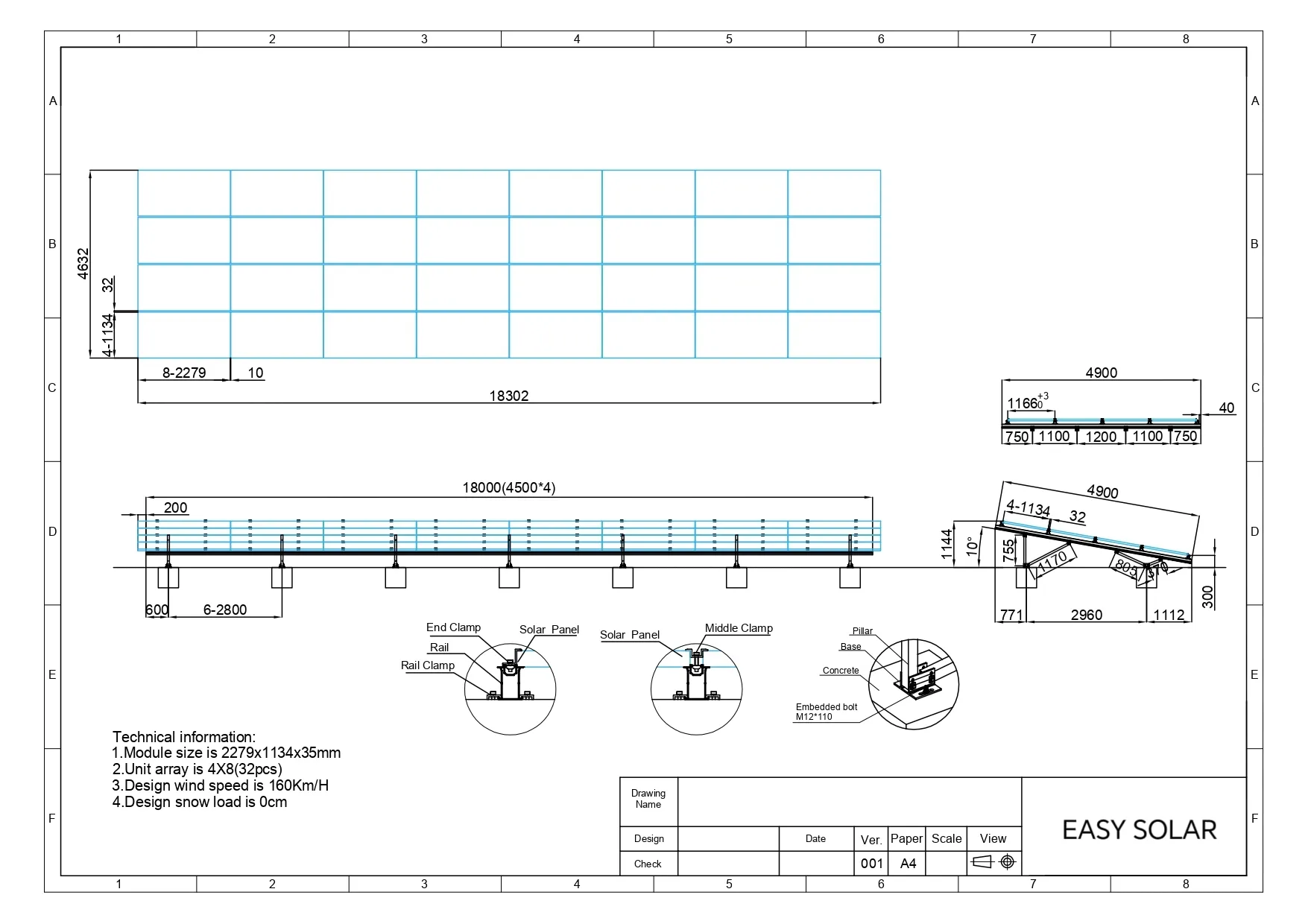 Engineering layout of fixed tilt ground mount solar racking with posts, beams and planned row spacing