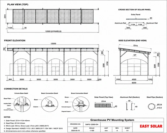 Greenhouse PV mounting logic showing roof frame support, greenhouse span and photovoltaic module row layout