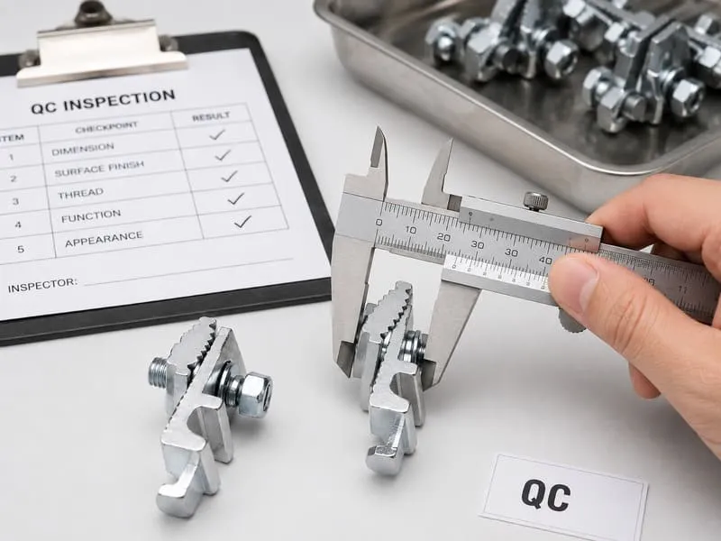 Inspection of solar grounding clip, lug, conductor channel, bolt fit and component dimensions