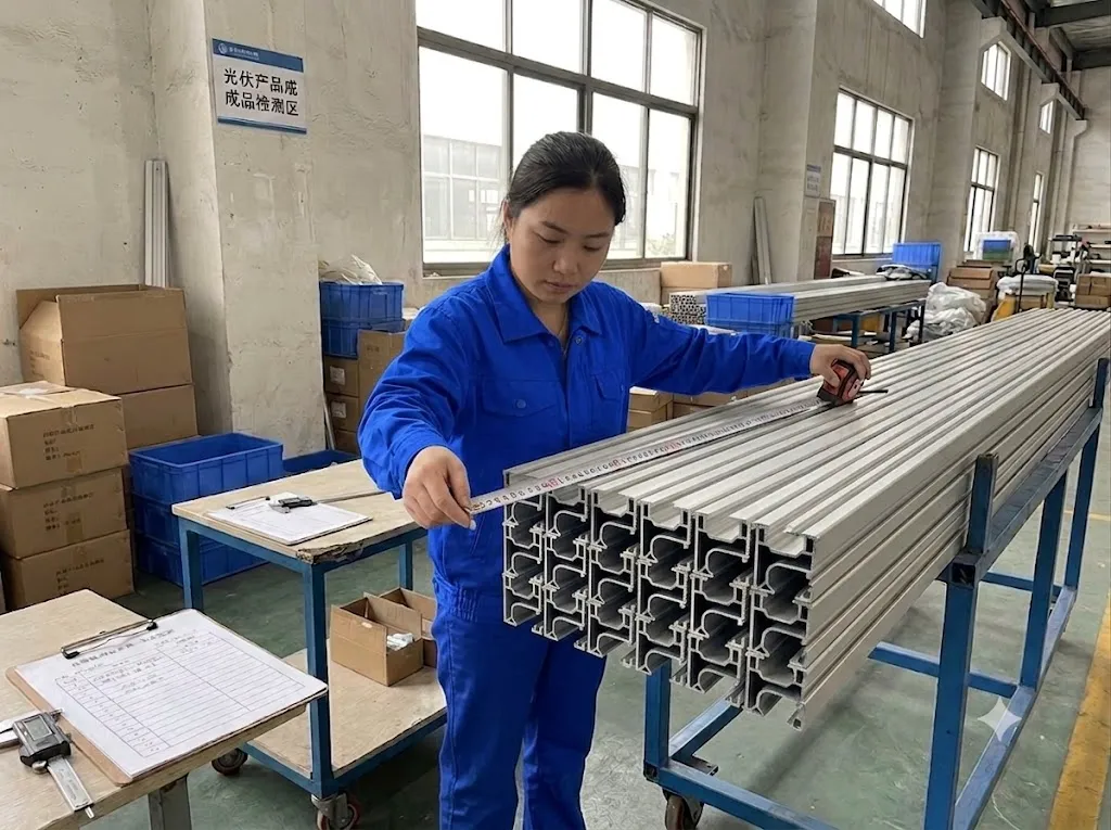 Quality control inspector checking aluminum solar mounting rails, components and fasteners with a caliper before shipment