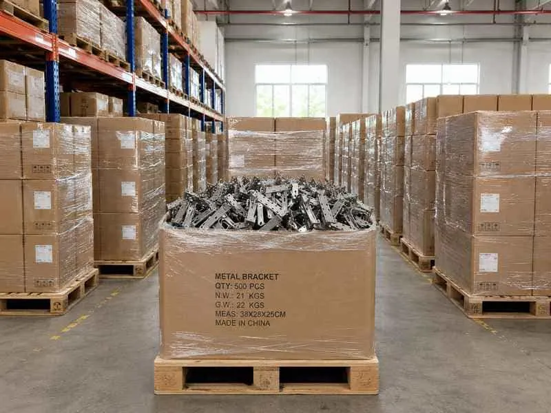 Easy Solar distributor warehouse with packed solar mounting kits, aluminum rails, clamps, branded cartons and palletized stock