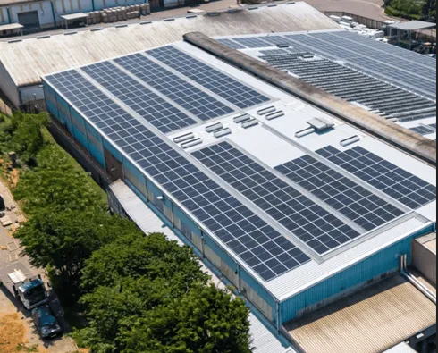 Roof solar mounting systems with aluminum rails and clamps installed on a rooftop PV project