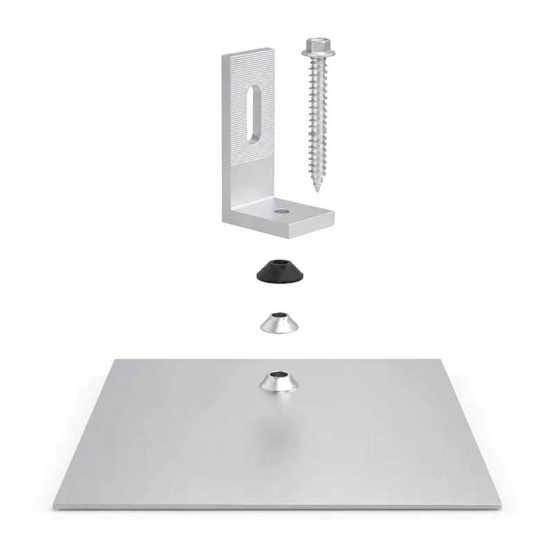 Shingle roof solar mounting system with flashing L feet, aluminum rails, module clamps and lag bolts