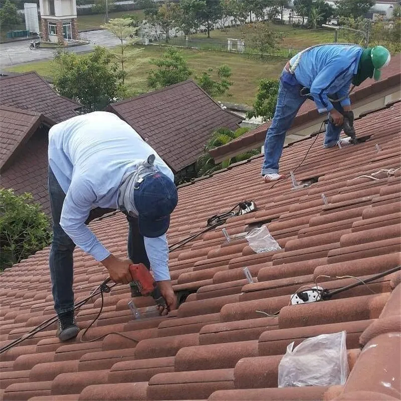 Anti-sliding tile roof hook installation with flashing and rail connection