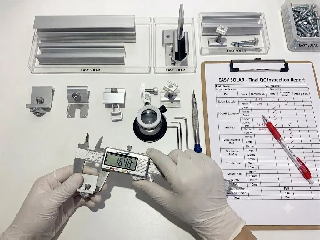 Incoming material inspection of aluminum solar mounting profiles, fasteners and accessories