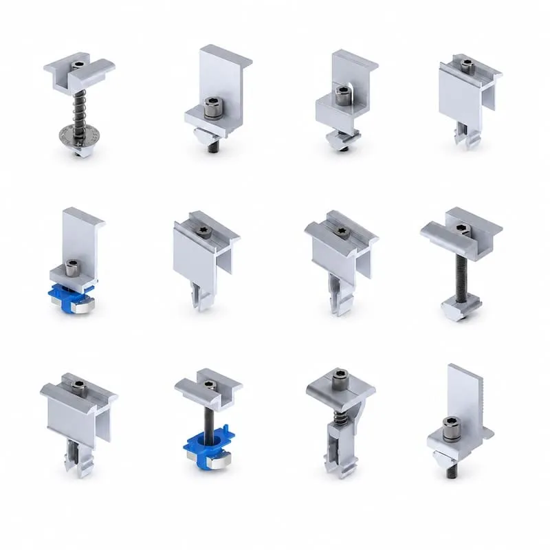 Solar panel mid clamps and end clamps matched to framed PV modules, rail profiles and project installation requirements