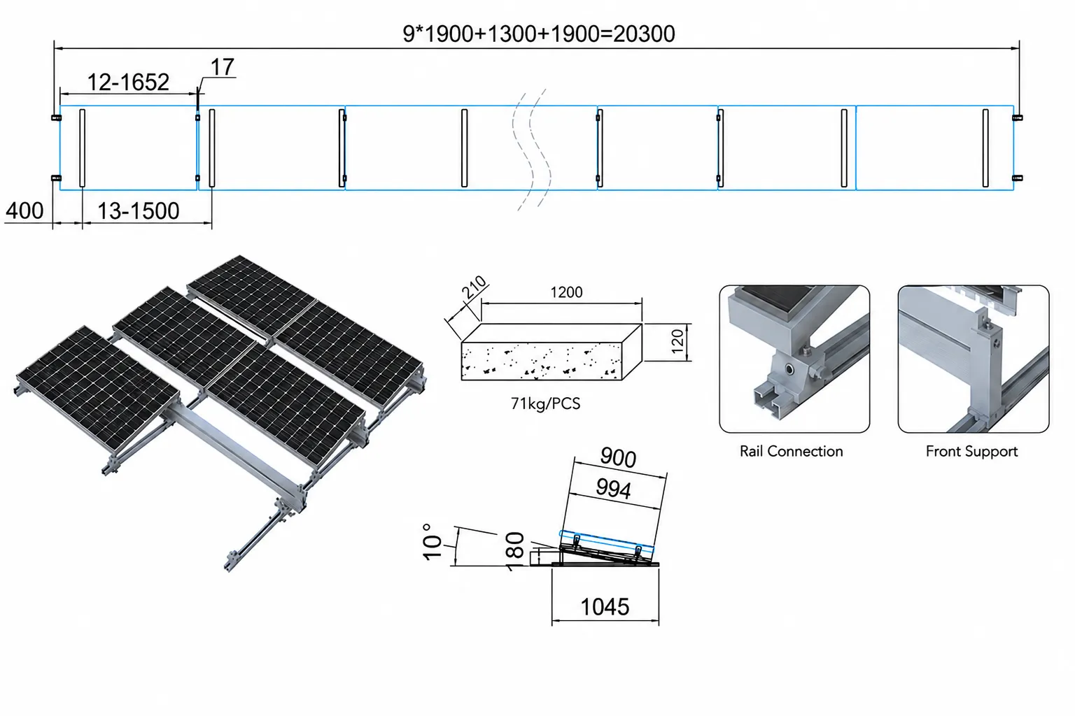 Custom solar mounting bracket CAD design, aluminum profile detail and prototype kit