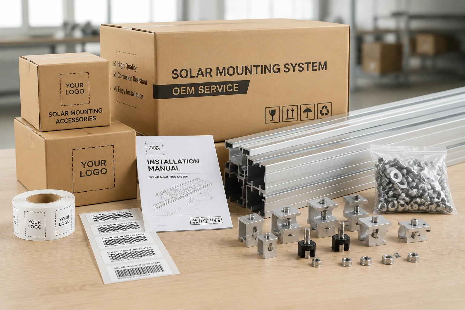 Private-label solar mounting accessories with branded cartons, barcode labels and installation manuals