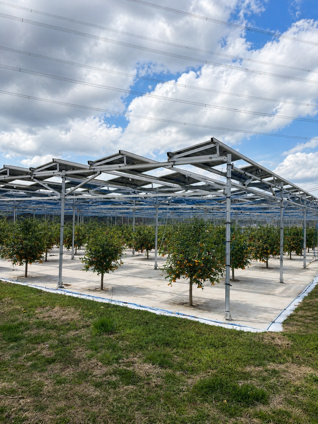 Elevated orchard agrivoltaic PV mounting structure above fruit tree rows with canopy clearance, shade planning and machinery access