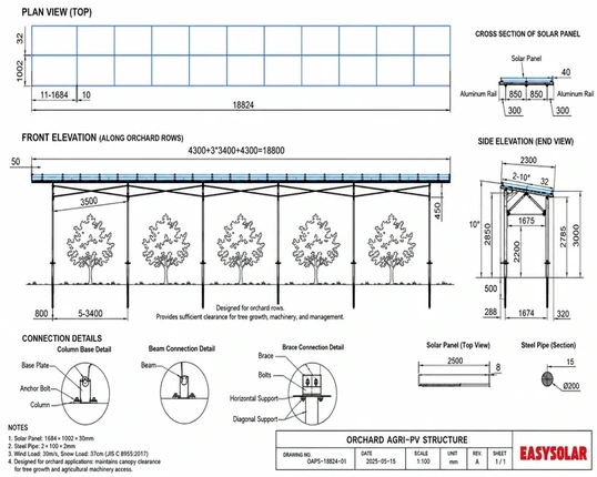 Orchard agrivoltaic structure layout showing elevated solar panels, fruit tree row spacing, canopy clearance and shade balance