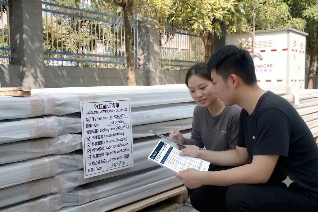 Export packaging inspection of cartons, pallets, labels, manuals and accessory bags for solar mounting systems