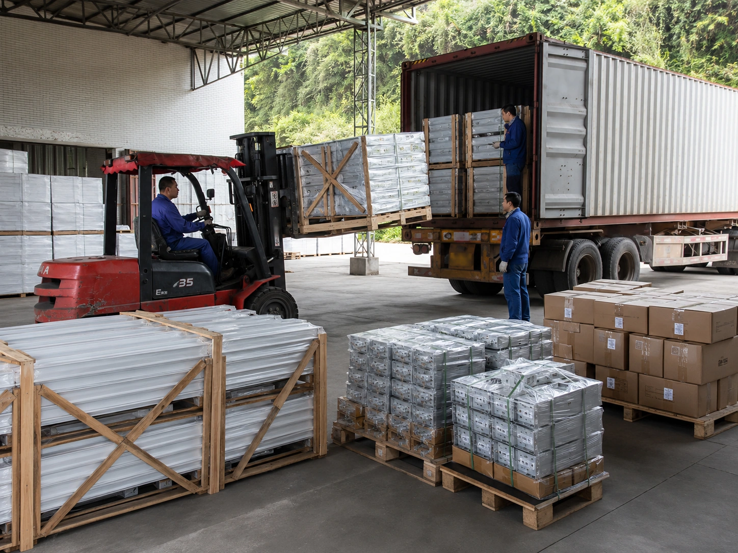 Palletized aluminum rails, packed clamps and export cartons prepared for container loading