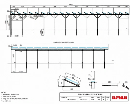 Pasture agrivoltaic structure layout showing elevated solar panel rows, animal clearance, grazing lanes and livestock shade zones