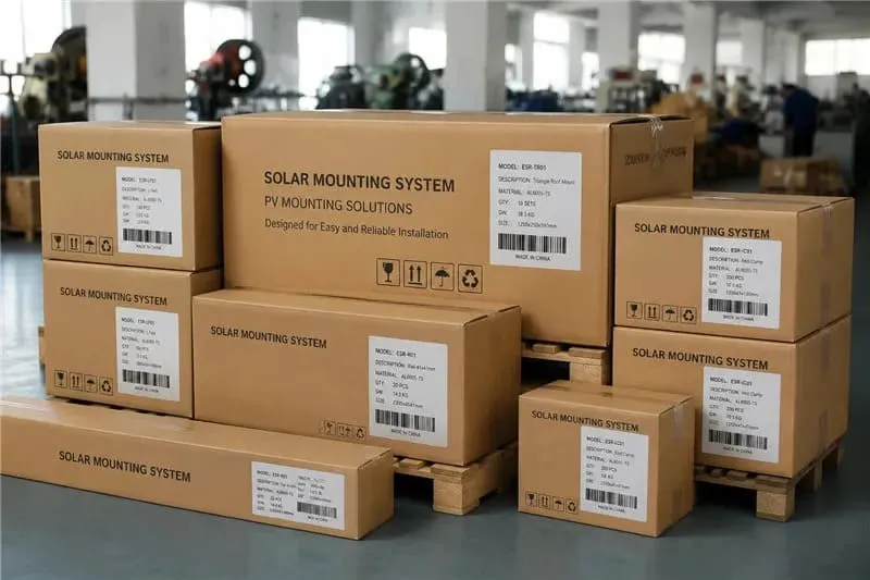 Private-label solar mounting cartons with brand logos, model labels, product stickers and barcode labels
