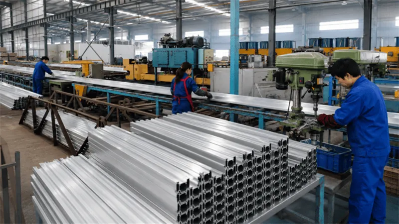 Custom aluminum solar rail manufacturing with cutting, drilling, punching and profile inspection