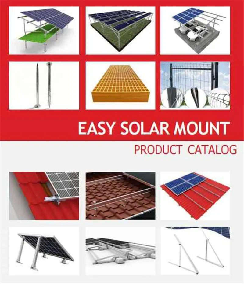 Solar mounting product catalog display with roof mounting kit boxes, aluminum rails, clamps and accessories
