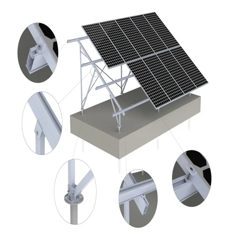 Complete ground solar mounting system with rails, posts, beams, clamps, ground screws and connection details