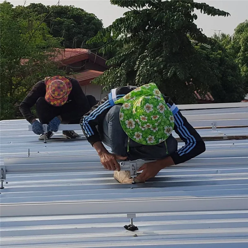 Corrugated metal roof solar mounting components including hanger bolts, L feet, rails, clamps and EPDM washers