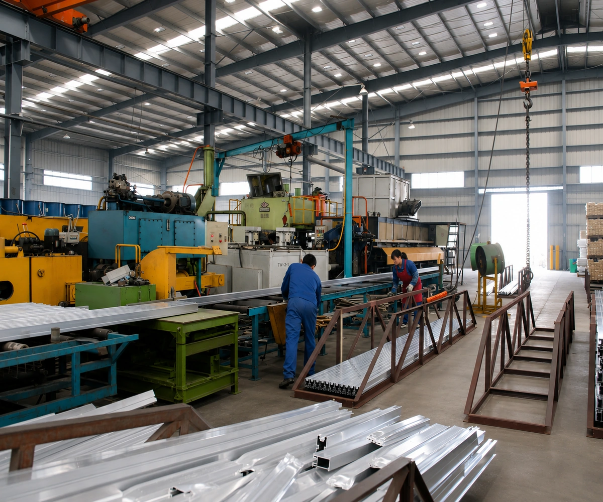 Solar mounting system production area for aluminum profile cutting, drilling and punching