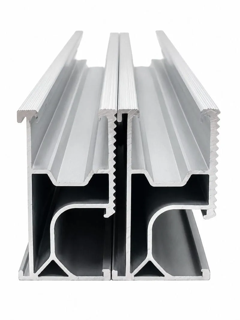 Solar mounting rail profile cross-section showing width, height, wall thickness, top channel and bolt slot