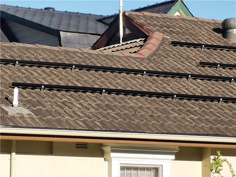Complete solar tile roof mounting kit with rails, roof hooks, clamps and fasteners