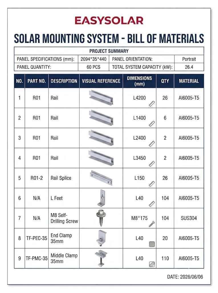 Residential solar mounting quotation checklist with roof type, module layout and BOM details