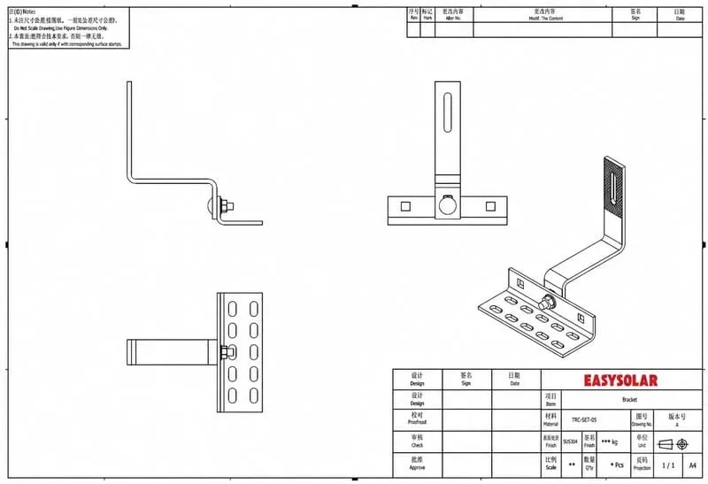 Solar roof hook dimensions showing base plate holes, arm height, offset, rail slot and tile clearance