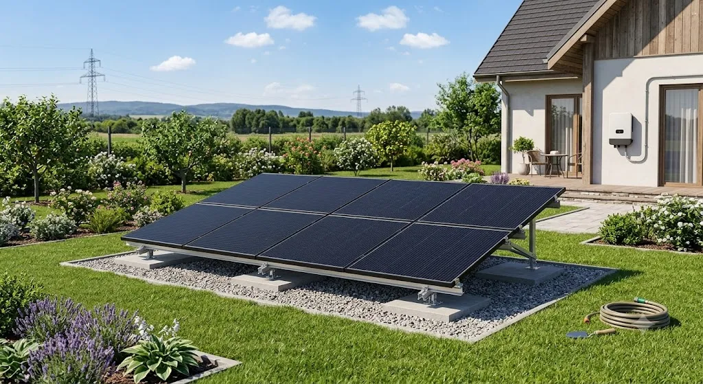 Small residential ground-mounted solar array in a garden or yard