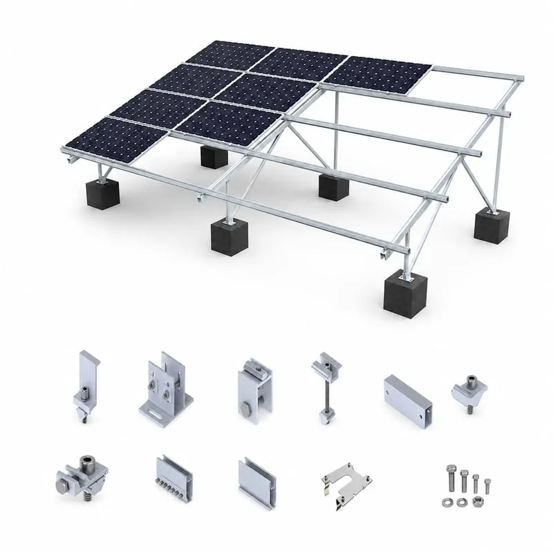 complete solar mounting hardware kit arranged by rails clamps attachments fasteners and grounding components