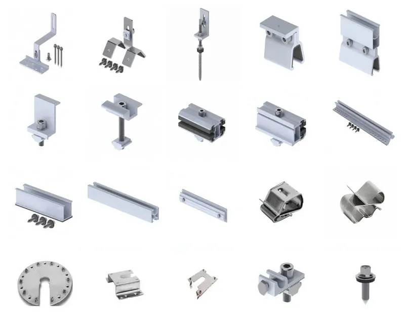 Solar mounting accessories including aluminum rails, brackets, module clamps, roof hooks, fasteners, grounding clips and cable management parts