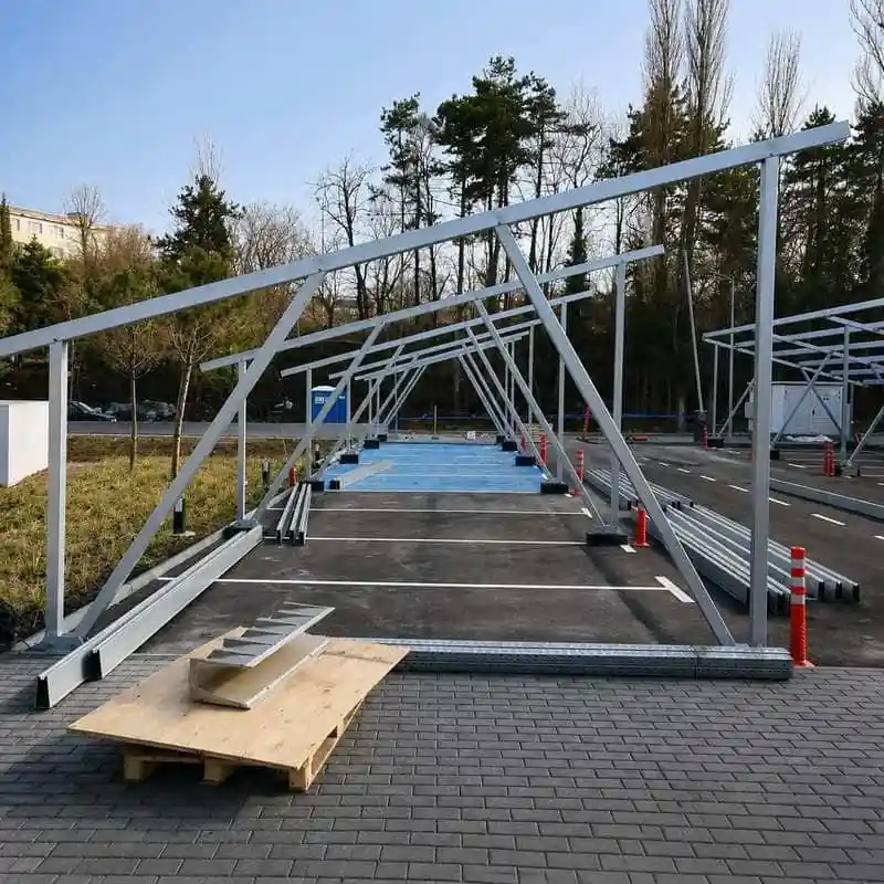 Commercial solar carport structure with posts, beams, braces, base plates and foundation