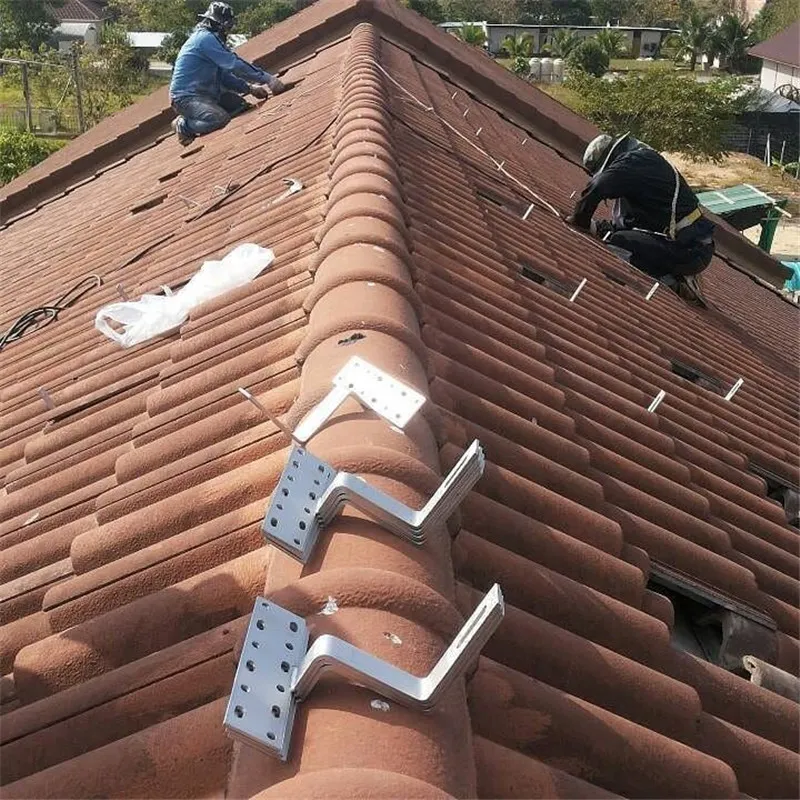 Anti-slip tile roof solar mounting hooks, rails and clamps installed on a pitched roof