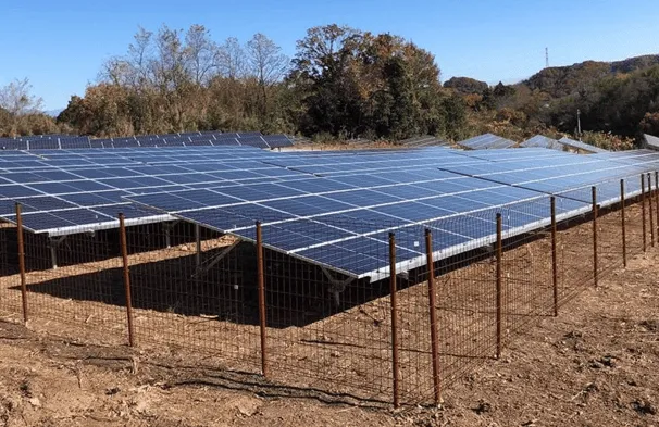 Ground-mounted solar farm with photovoltaic module rows supported by solar racking structures
