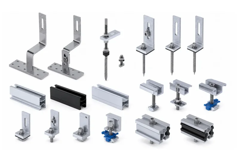 Solar mounting accessories including aluminum rails, clamps, brackets and fasteners