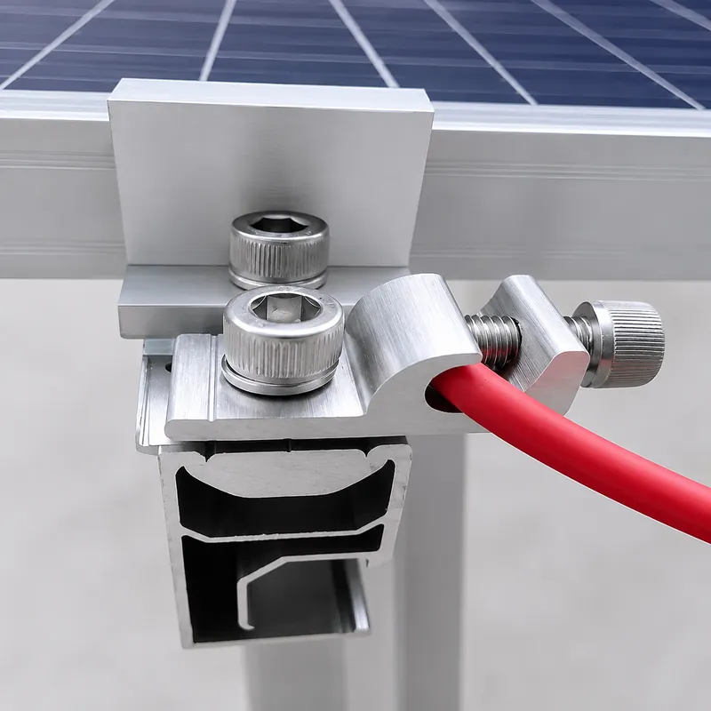 Grounding clip and lug contact interface on an anodized aluminum solar mounting rail