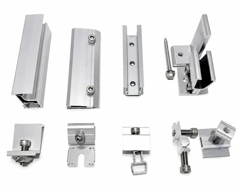 Compatible PV mounting rails, clamps, roof hooks, bolts, grounding clips and cable clips