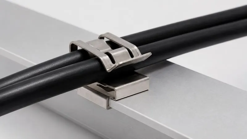 Stainless steel solar cable clip attached to a framed PV module edge