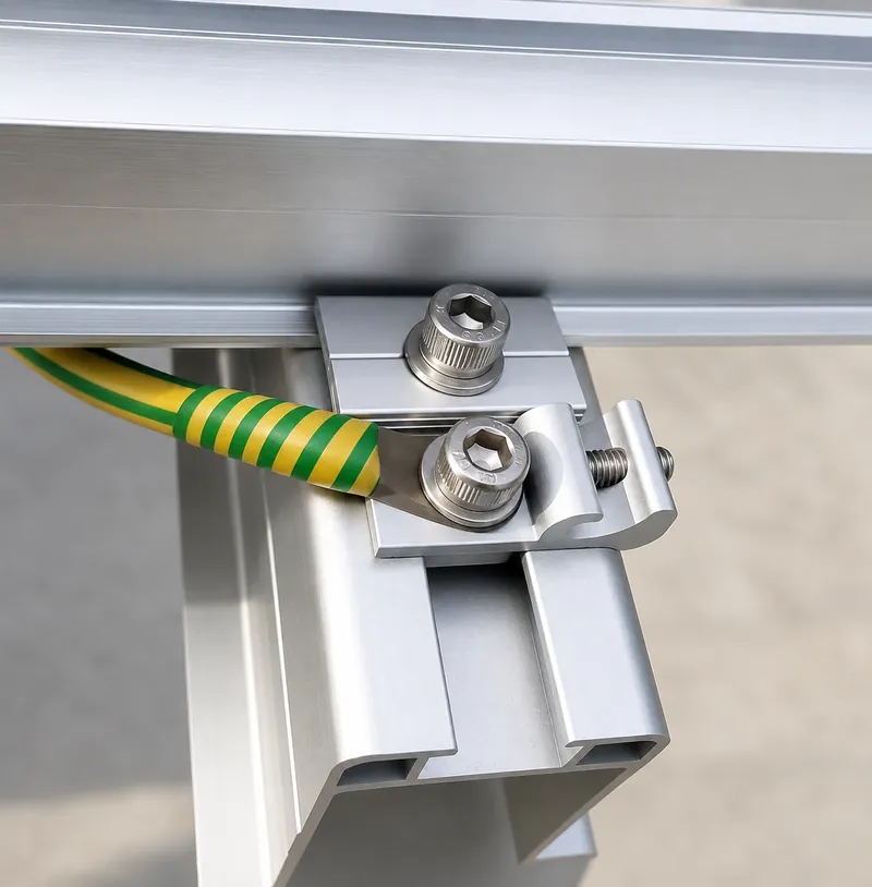 Solar grounding system overview with grounding lug, bonding conductor, module-frame grounding clip and aluminum rail connection