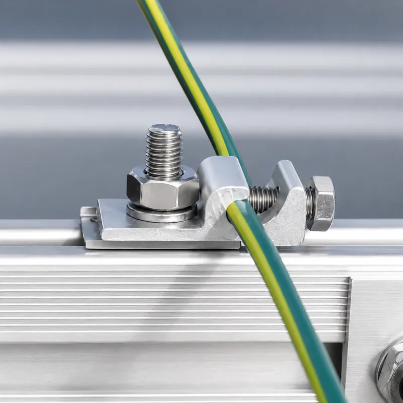 Solar rail grounding lug connecting a grounding conductor to an aluminum PV mounting rail