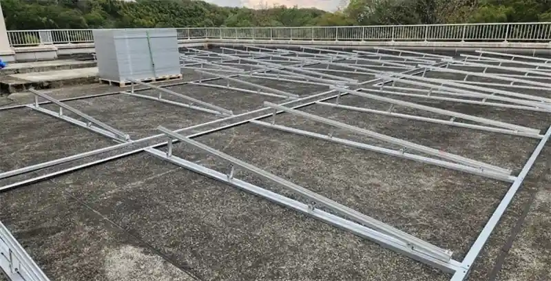 Roof PV mounting hardware with rails, clamps and roof attachments