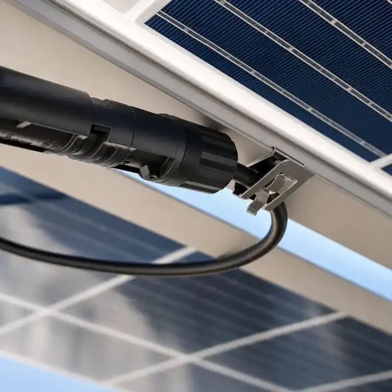 Single-wire solar cable clip attached to a PV module frame edge