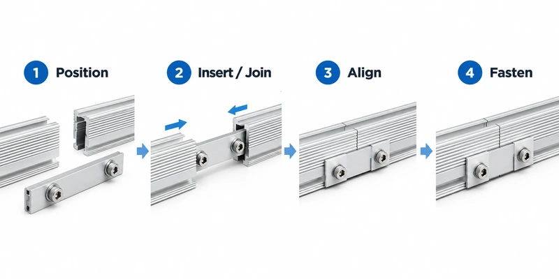 Four-step solar rail splice installation illustration showing splice positioning, rail joining, alignment and fastening